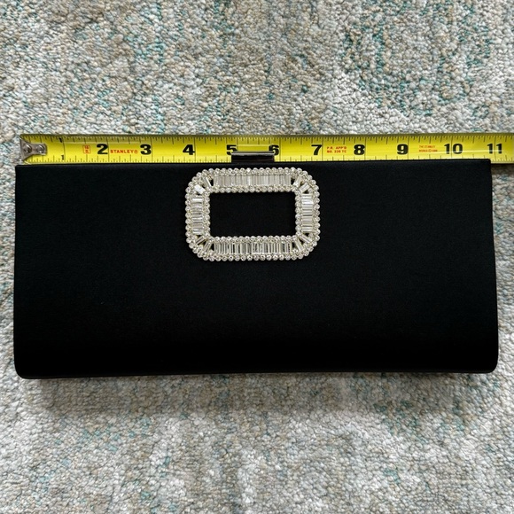 Black Satin Crystal Clutch with Metal Strap - Picture 7 of 9